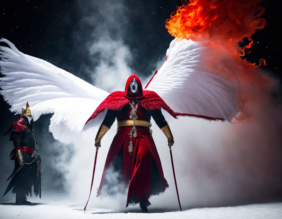 Dark warrior costumes with angelic wings, fiery sword, mystical night sky, snow