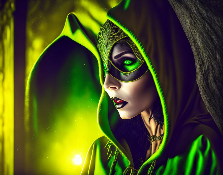 Mystical woman in green cloak with glowing makeup portrait.