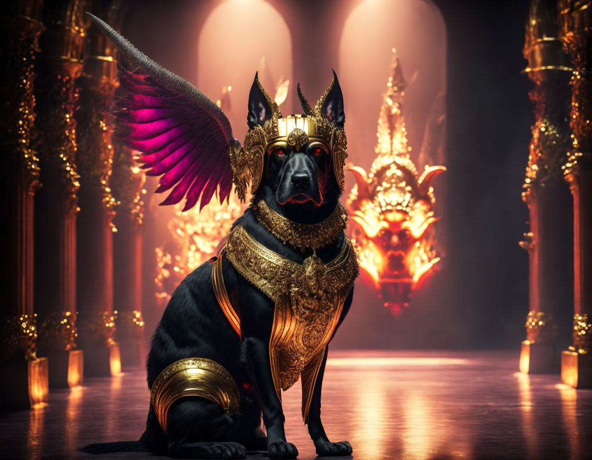 Majestic black winged dog in golden Egyptian armor on ornate throne backdrop