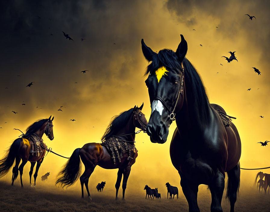 Majestic black horse and birds in golden sunset scene