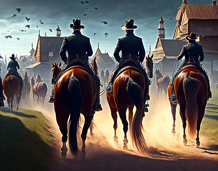 Cowboys on horseback riding toward Western town under dramatic sky