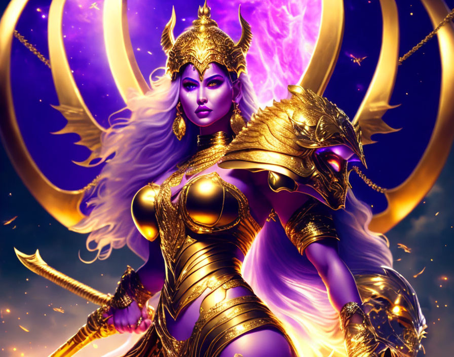 Purple-skinned female warrior in golden armor with crescent moon backdrop and mystical creature.