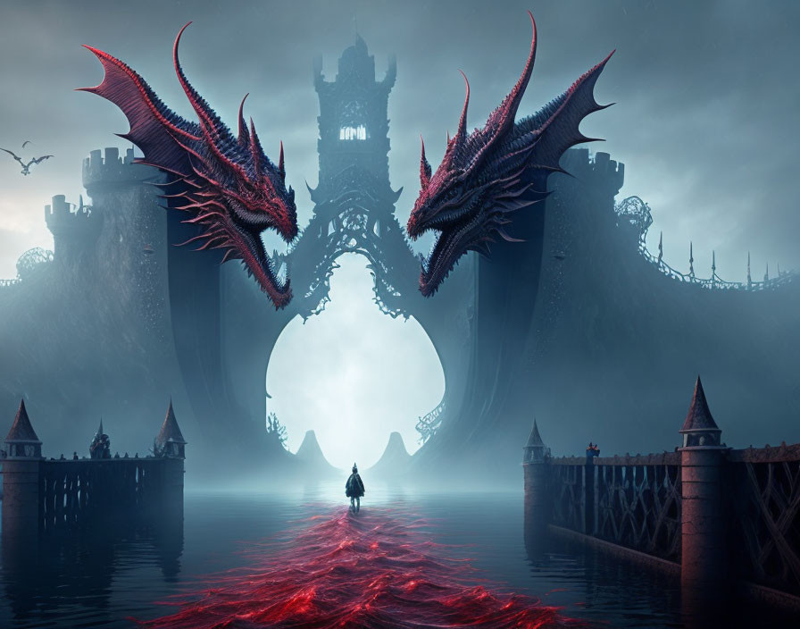 Person facing giant dragon in front of dark castle reflected in red waterway.