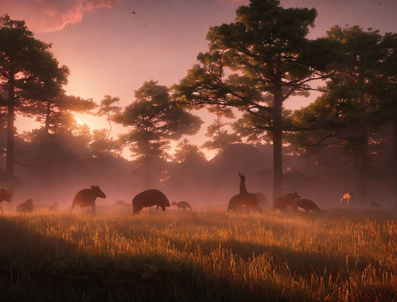 Misty forest sunrise with grazing deer in warm light