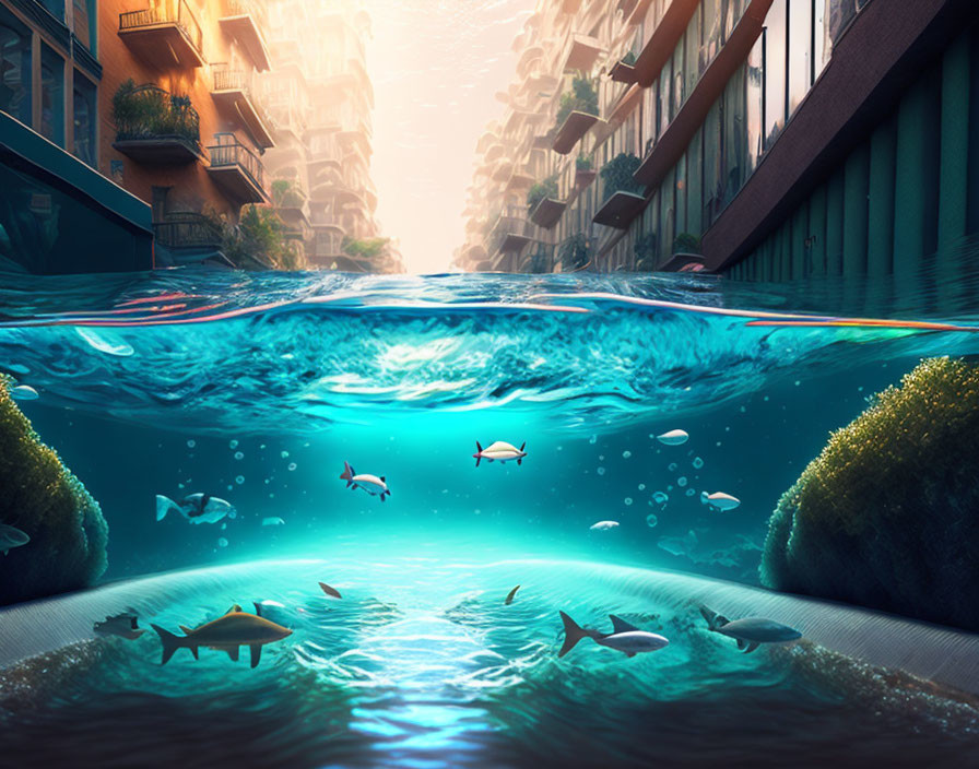 Surreal underwater cityscape with fish and submerged buildings