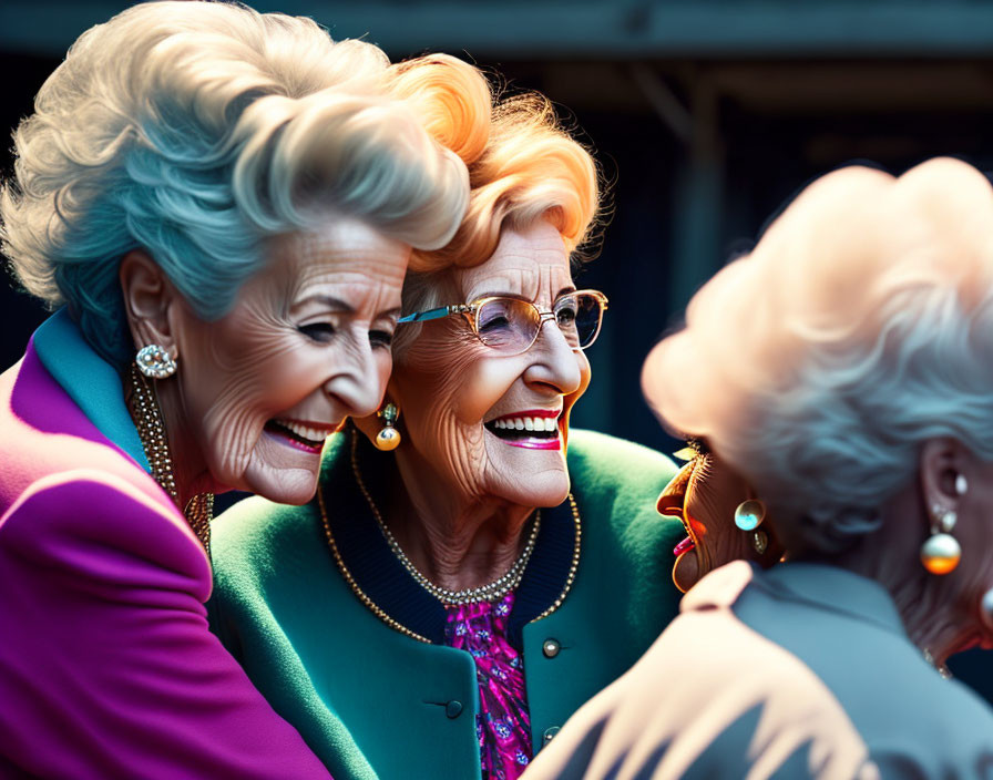 Elderly ladies in stylish attire laughing joyfully