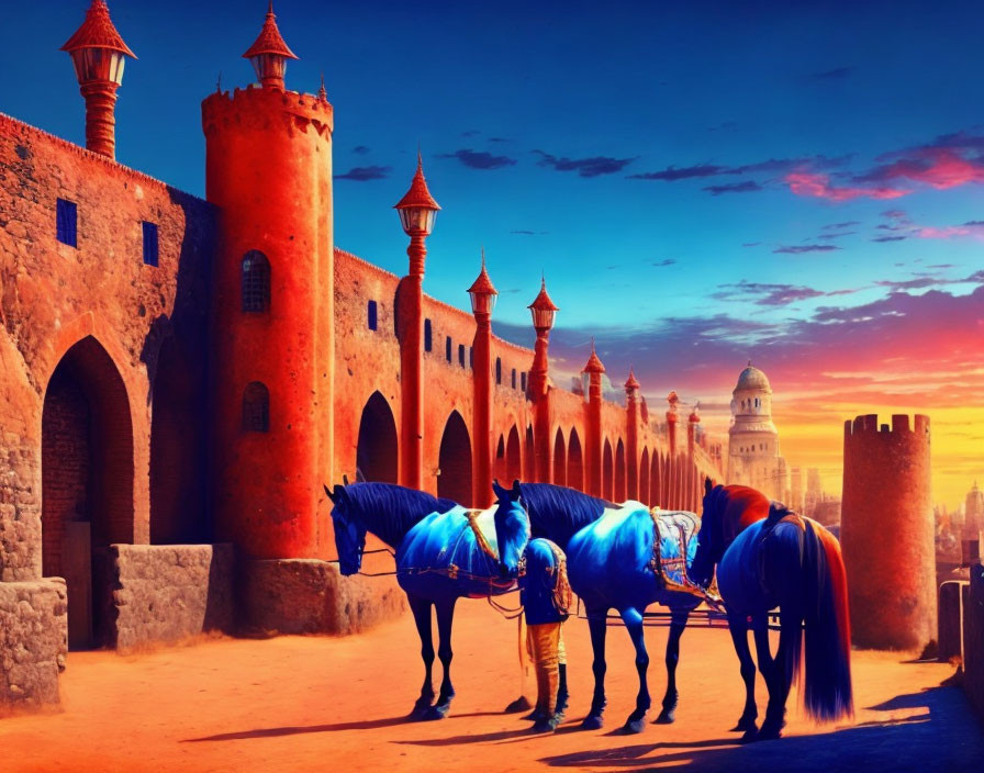 Three horses with blue draperies in front of ancient fortress with red towers under sunset sky.