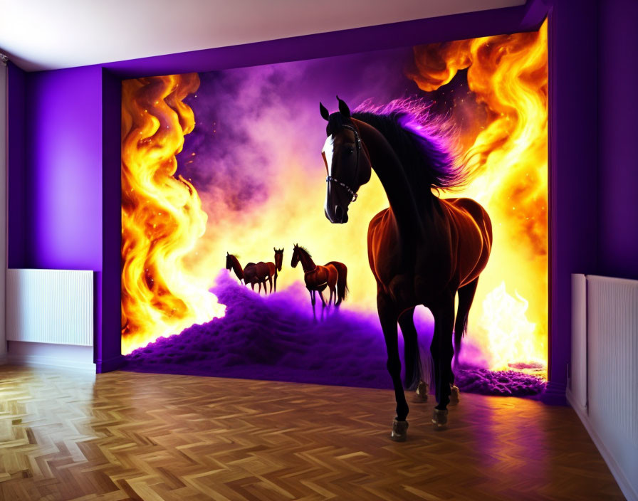 Vivid horse mural with fiery background and smaller horses on purple wall.