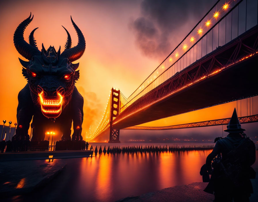 Digital beast with glowing eyes near bridge at sunset observed by figure