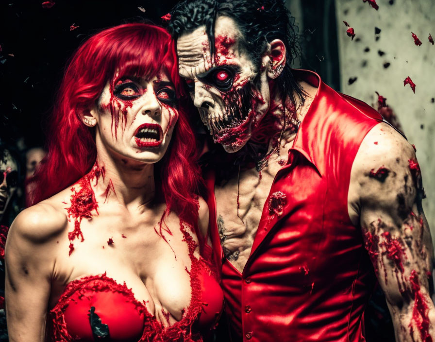 Two individuals in zombie makeup with bloodstained attire in a dramatic pose