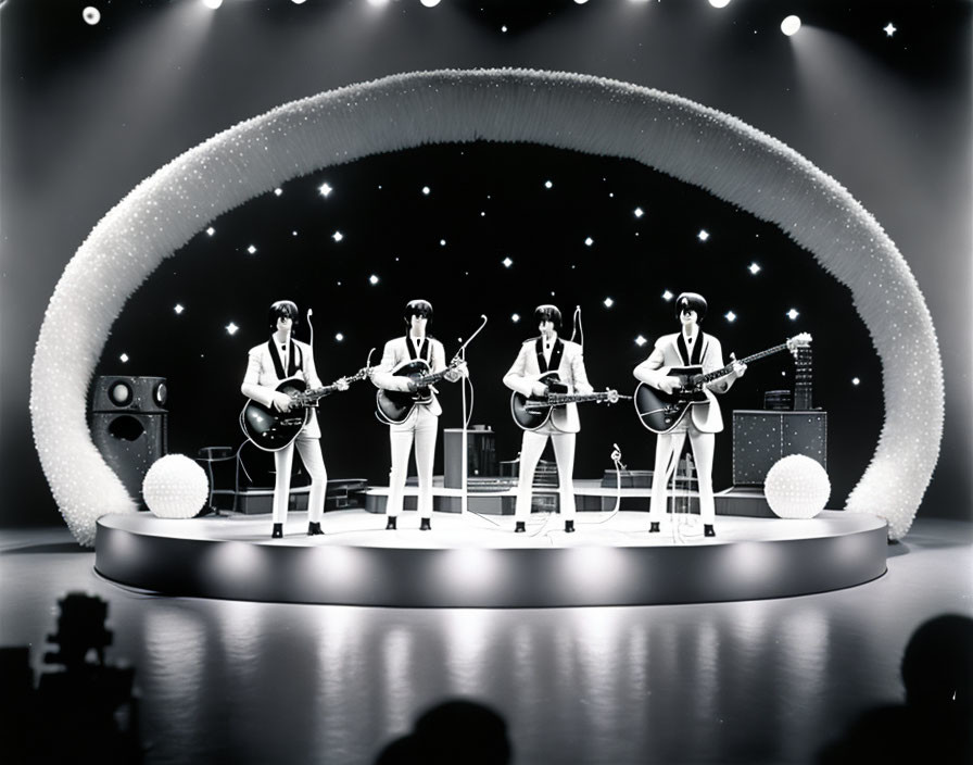 Monochrome band performance with guitars, drum set, and spotlights