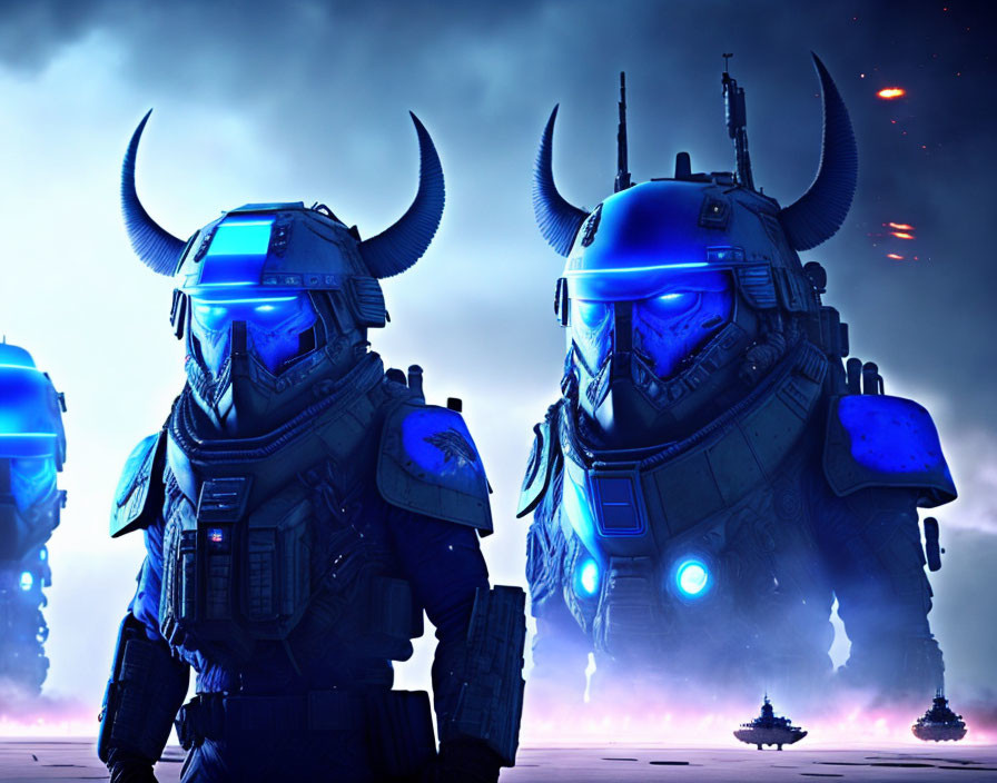 Futuristic armored figures with horned helmets under blue-lit sky.