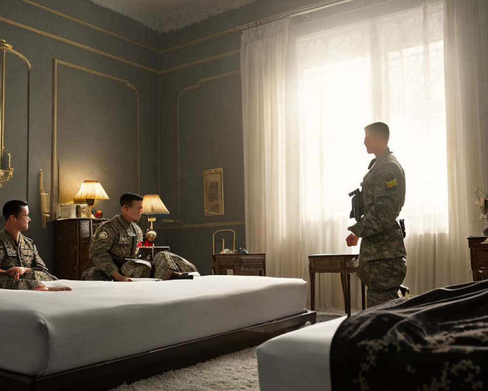 Three Military Personnel in Well-Furnished Room Conversing