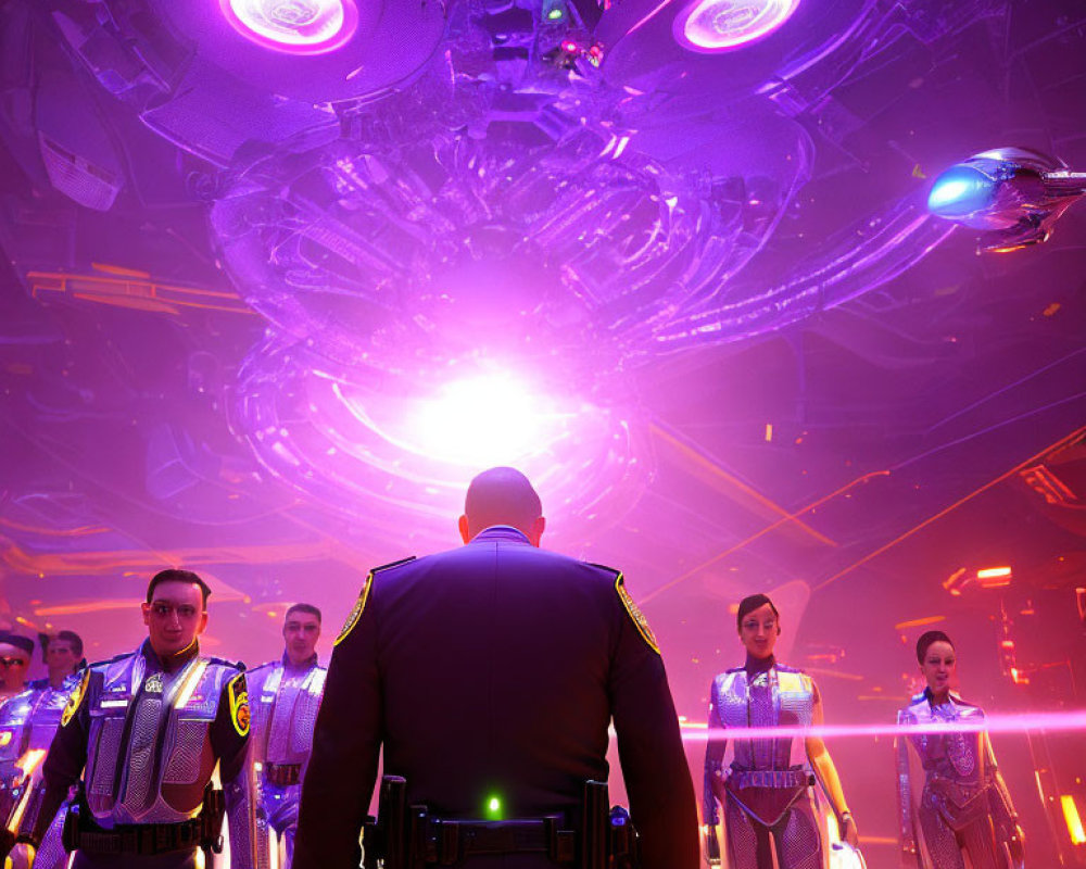 Futuristic officers under glowing alien spacecraft