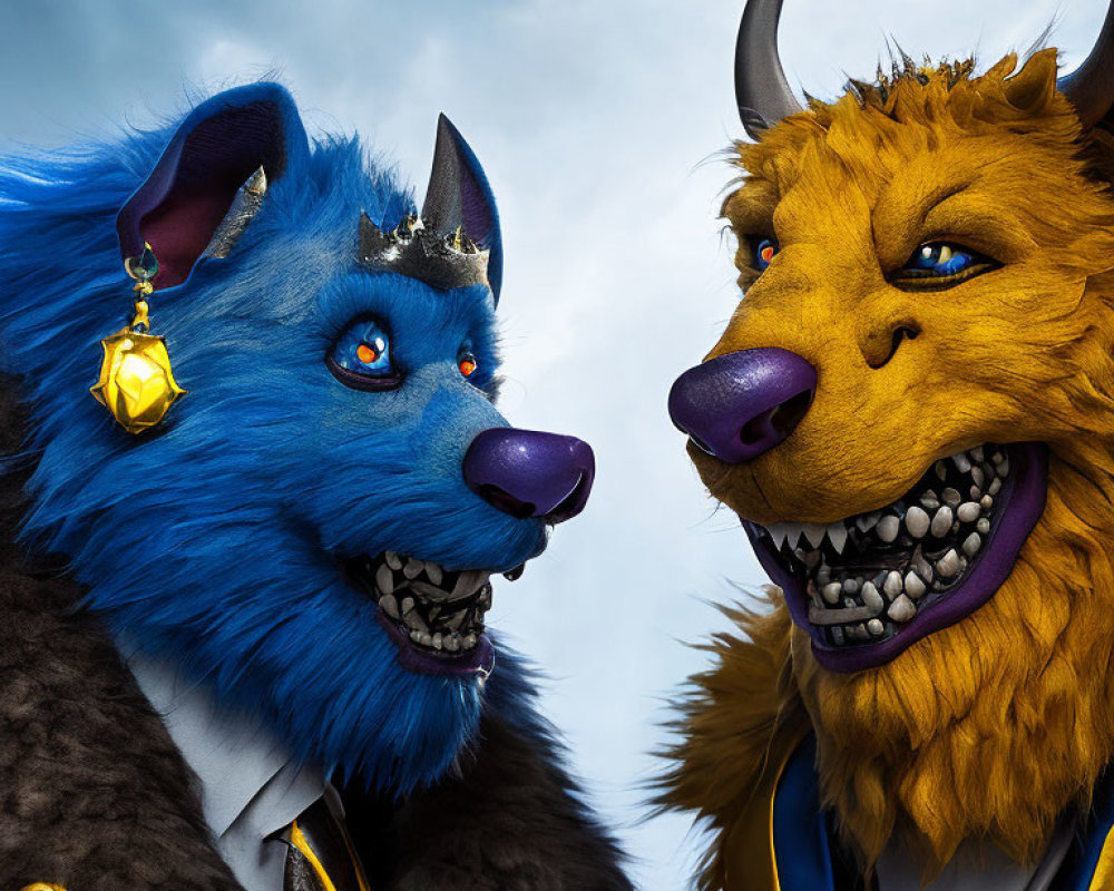 Anthropomorphic wolf-like creatures in blue and yellow with jewelry on cloudy sky backdrop