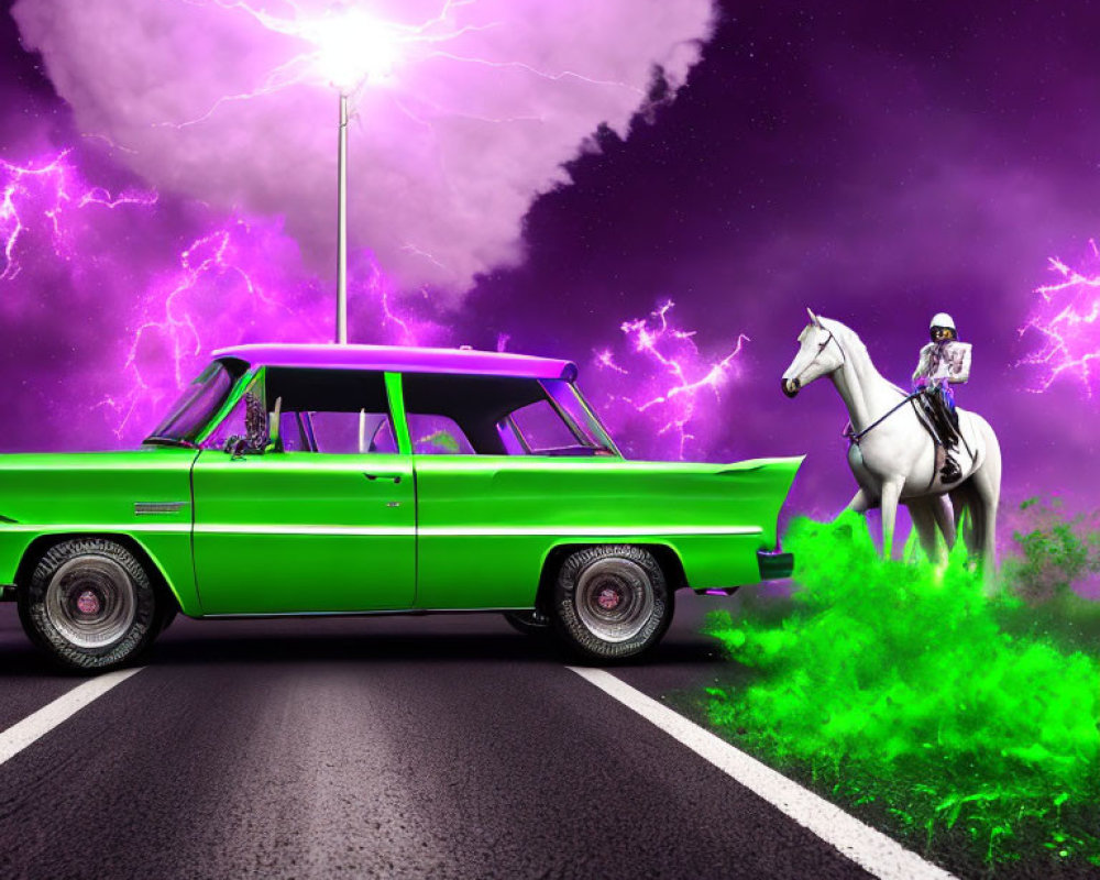 Vintage Green Car Parked with Neon Green Smoke, White Horse, and Purple Lightning Sky