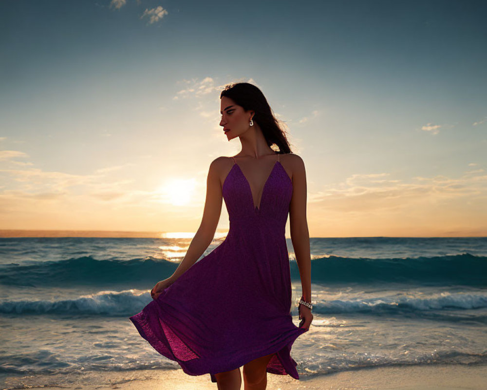 Woman in Purple Dress on Beach at Sunset with Waves and Sun