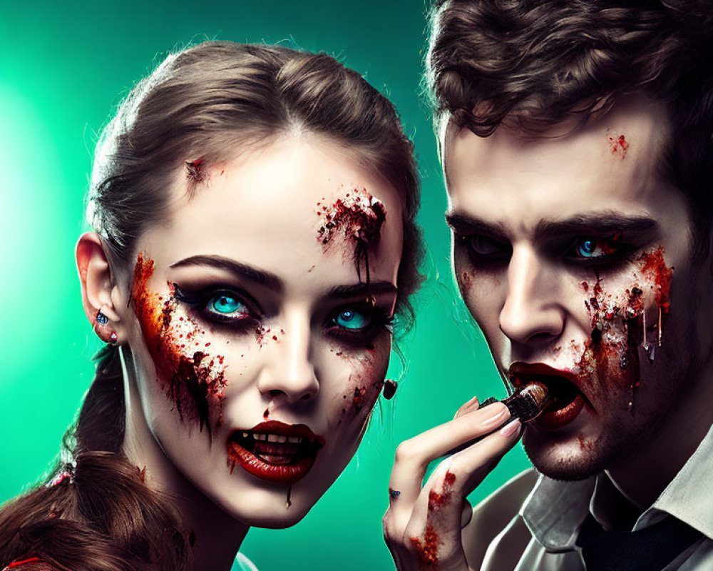 Man and woman with zombie-like makeup in horror-themed scene applying dark lipstick