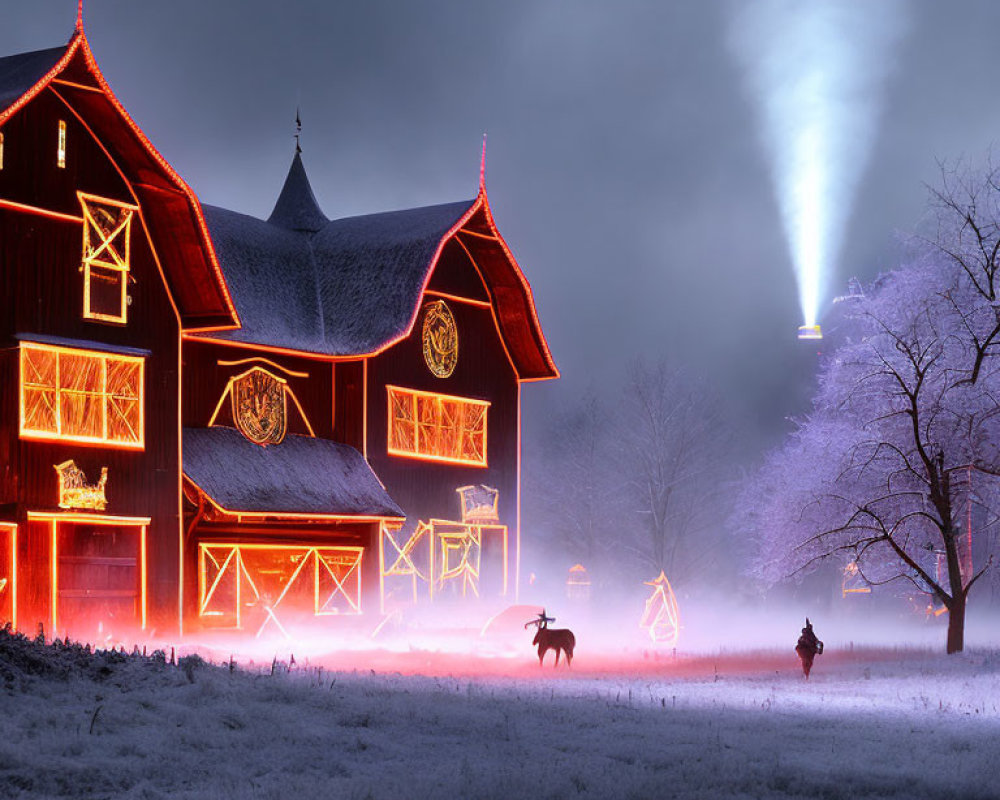 Red barn with holiday lights, snowy night, horse rider, UFO light beam