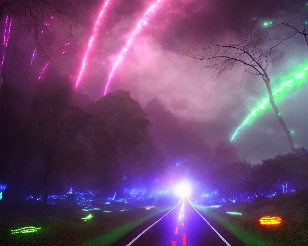 Mystical night scene: road with neon lights, colorful sky trails, dark trees, fog