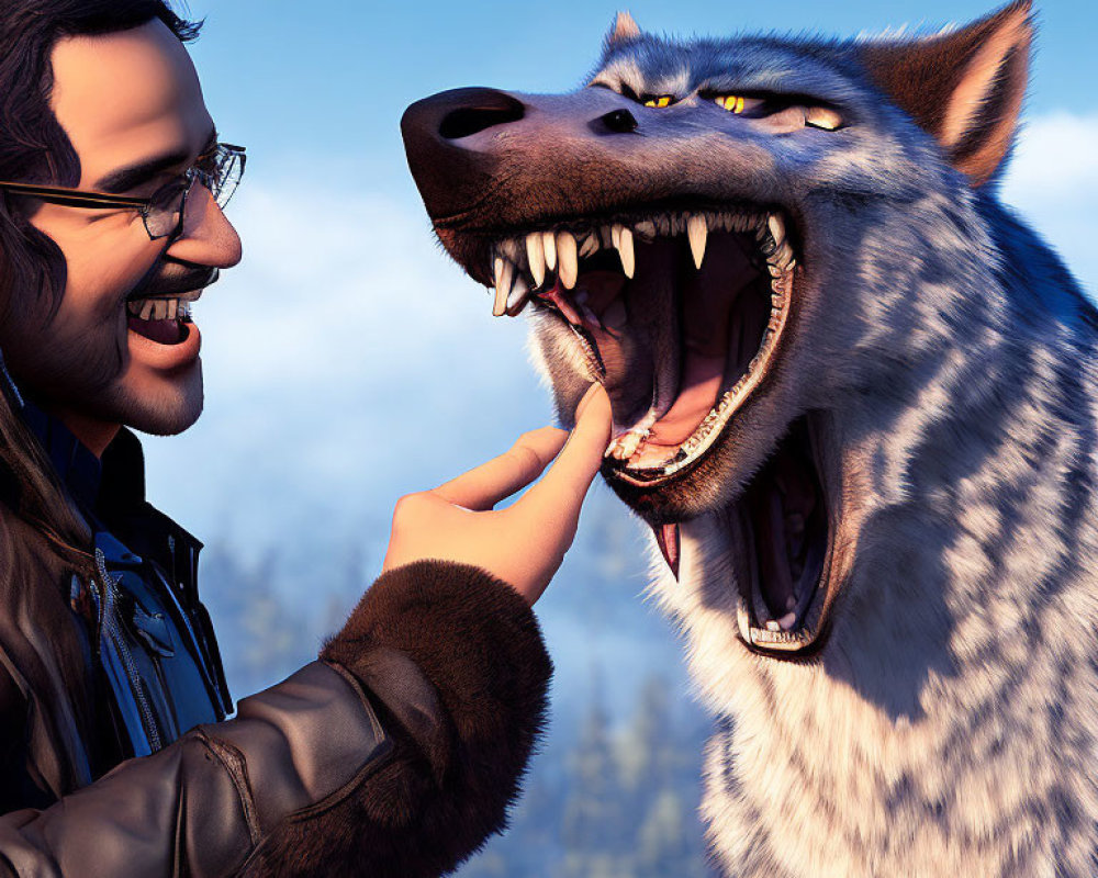 Man in black jacket examines teeth of large grey animated wolf.