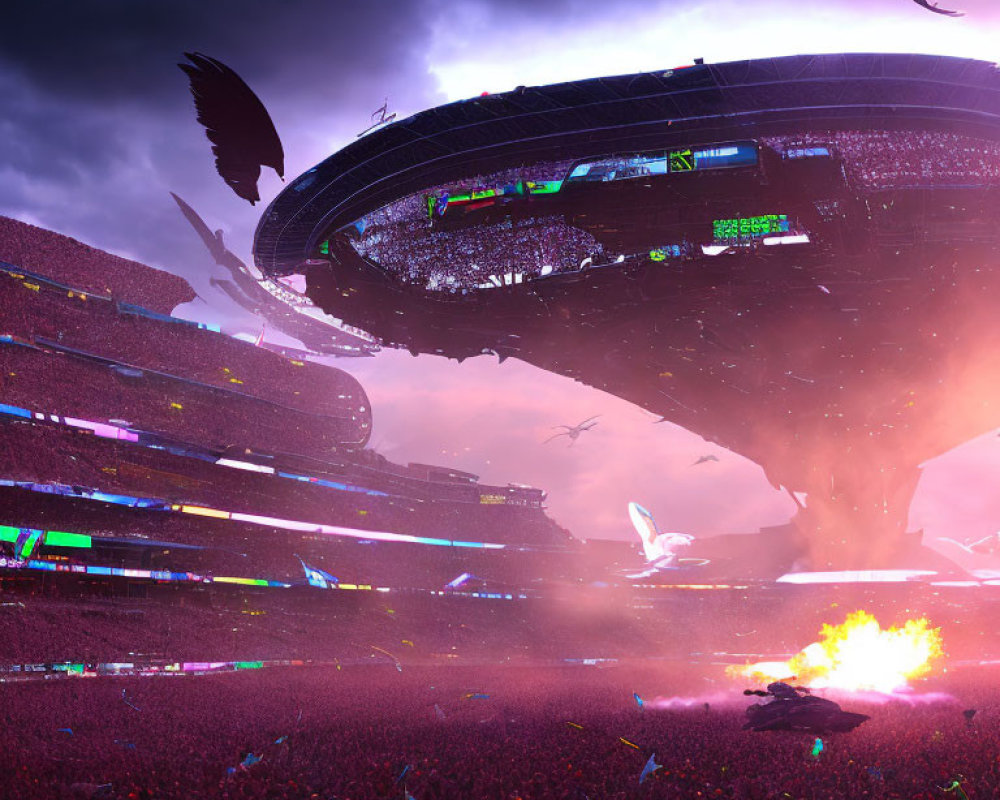 Futuristic sci-fi stadium with explosion, spaceships, and creatures