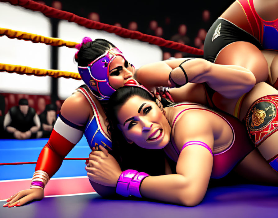 Female wrestlers in grappling hold with referee in background.