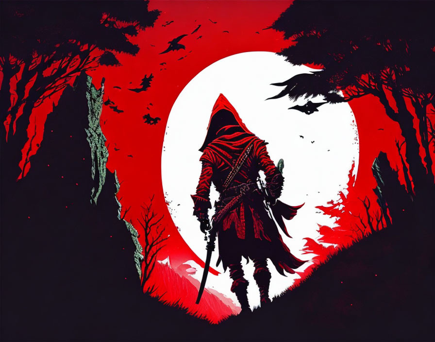 Cloaked figure with sword under red moon in dark forest scene