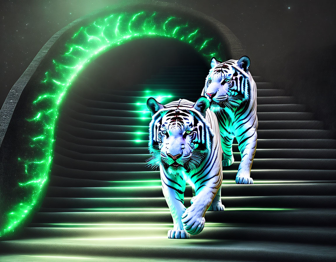 White tigers with glowing stripes on neon-lit staircase under starry night background