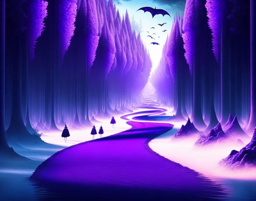 Purple fantasy landscape with river, pointed trees, cloaked figures, and bats in the sky