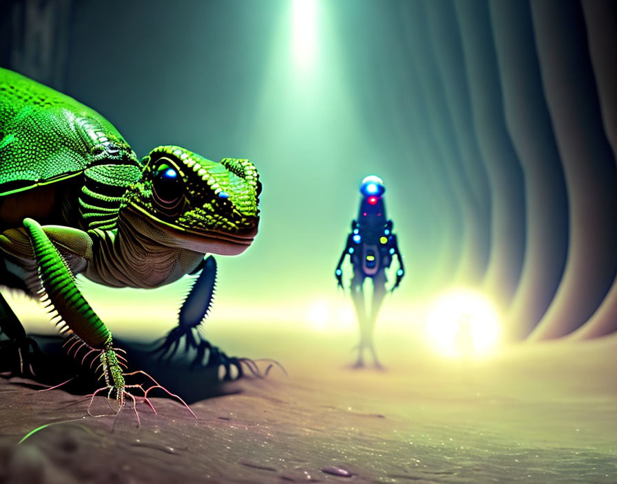 Green Lizard and Robot in Surreal Landscape