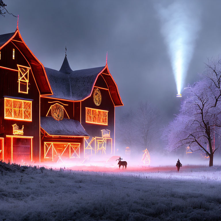 Red barn with holiday lights, snowy night, horse rider, UFO light beam