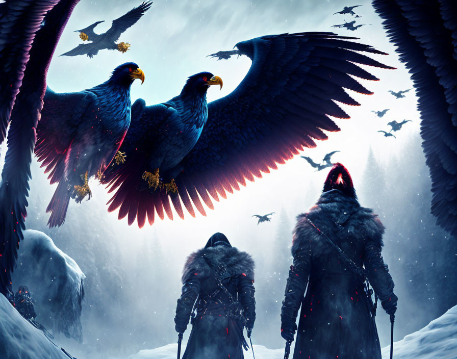 Warriors in snowy landscape watching majestic eagles in flight