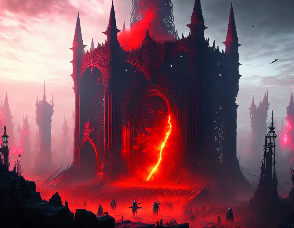 Gothic fantasy landscape with dark spires, red glow, and lava