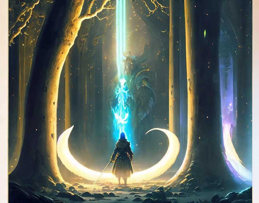 Enormous crescent-shaped artifact in mystical forest with figure holding glowing blue staff