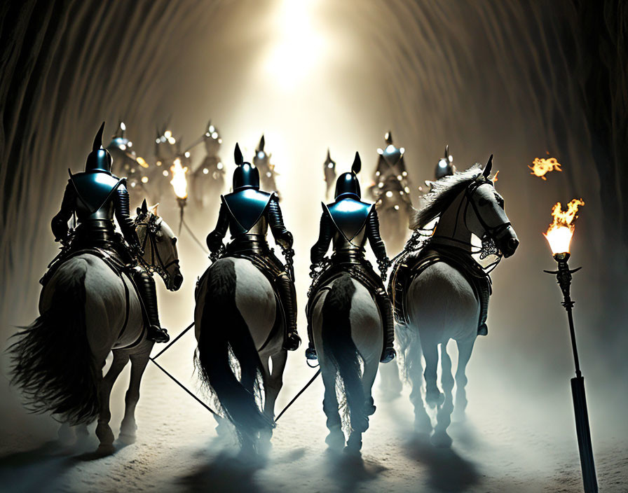 Silhouetted knights on horses with glowing light and torch.