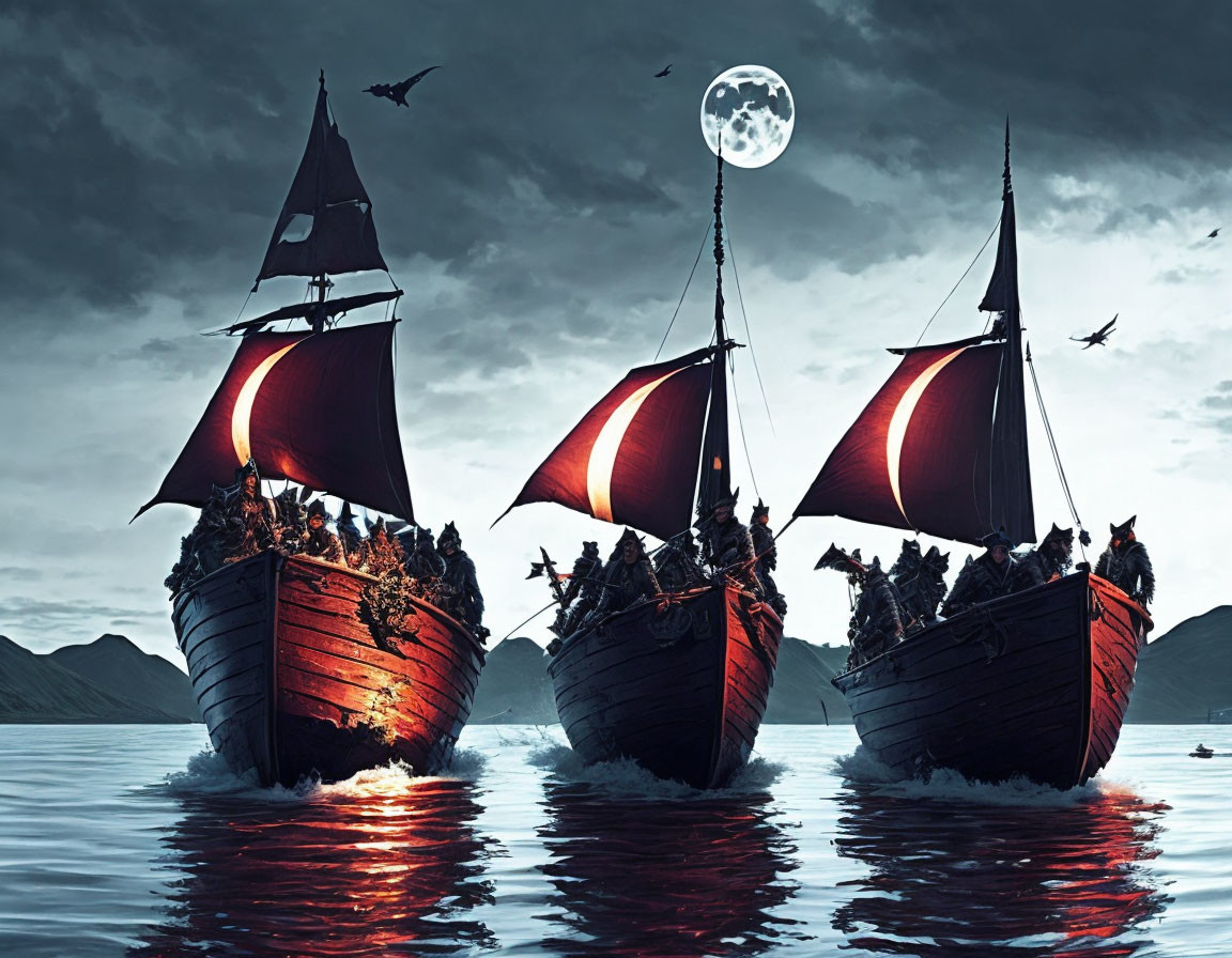 Three Viking ships with red sails under a full moon, birds flying in twilight