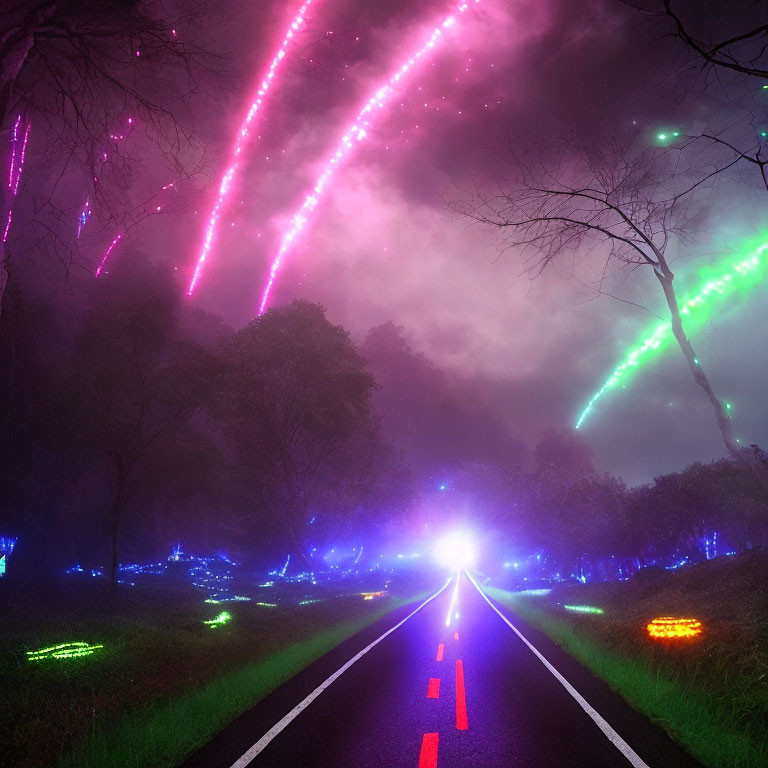 Mystical night scene: road with neon lights, colorful sky trails, dark trees, fog