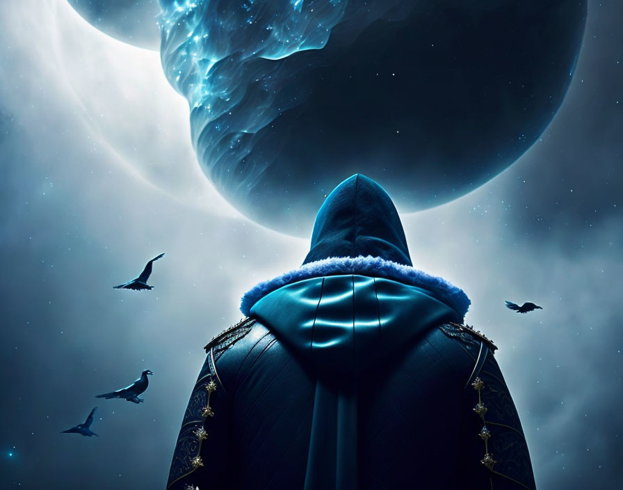 Cloaked figure under night sky with moon, planet, and birds