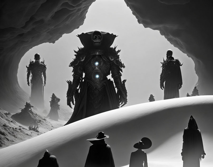 Monochromatic image of four mysterious figures in elaborate costumes in a desert setting.