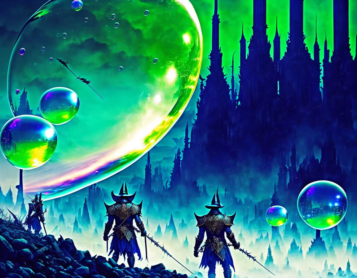 Sci-fi landscape with armored figures, floating bubbles, planets, and spires