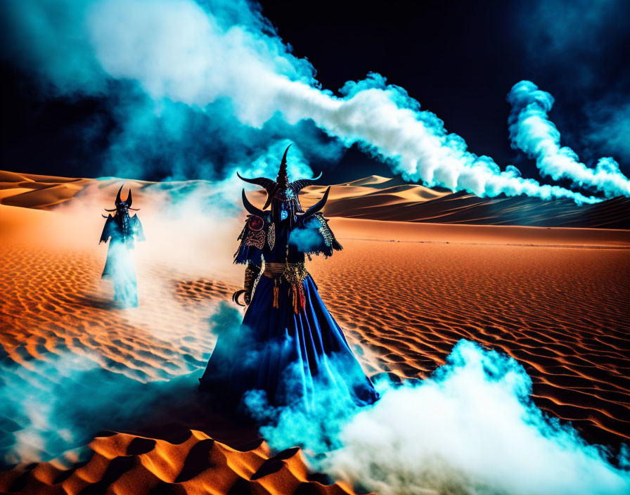 Elaborately costumed figures with horns in desert under dramatic sky