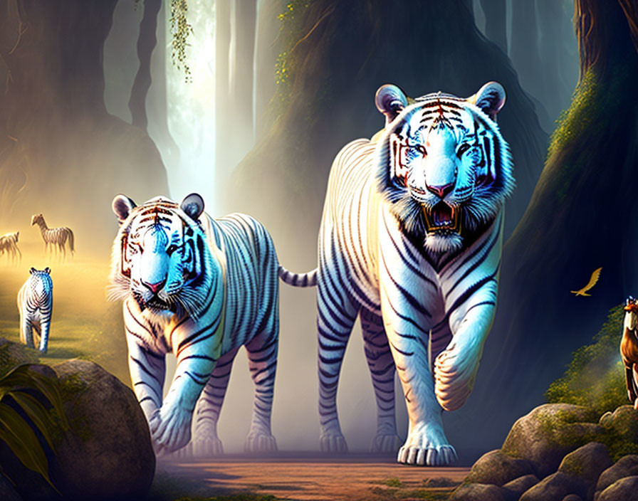 Majestic white tigers in mystical forest with zebras and bird