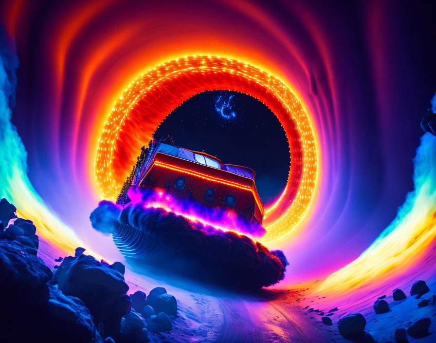 Colorful surreal bus driving through fiery vortex at night