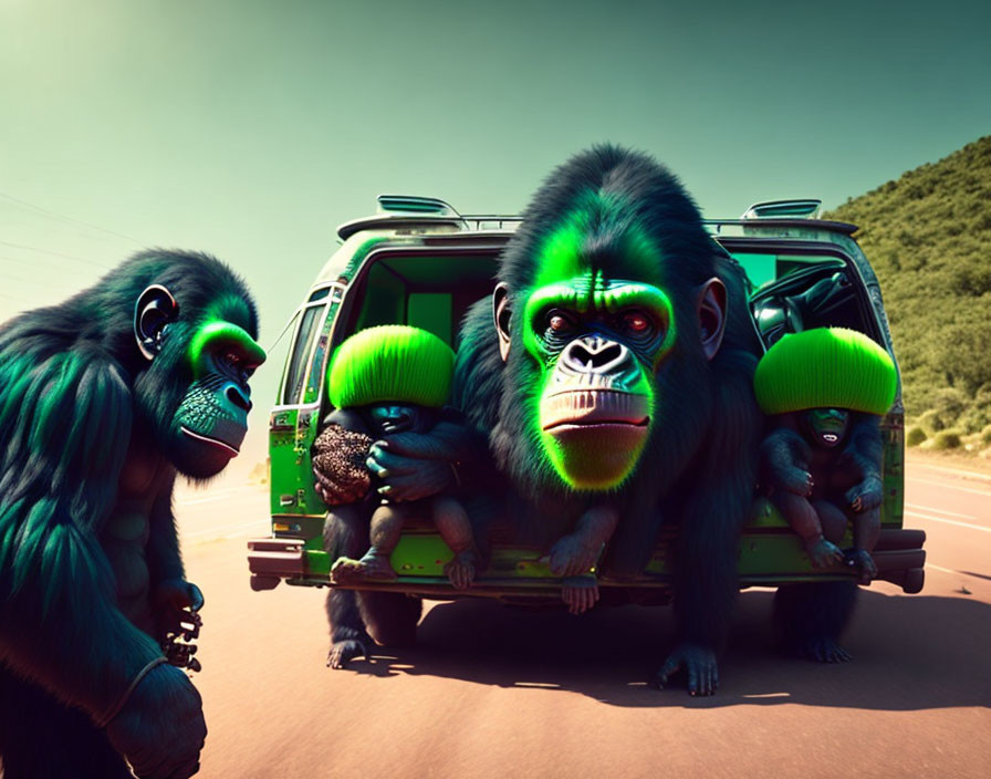 Stylized gorillas with neon green accents exiting van on sunny road