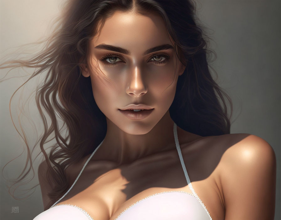 Digital portrait of woman with flowing brown hair and green eyes in white top