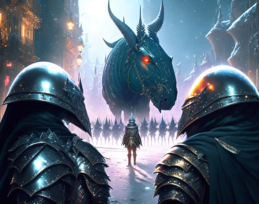 Armored knights battle giant horned beast in snowy fantasy scene