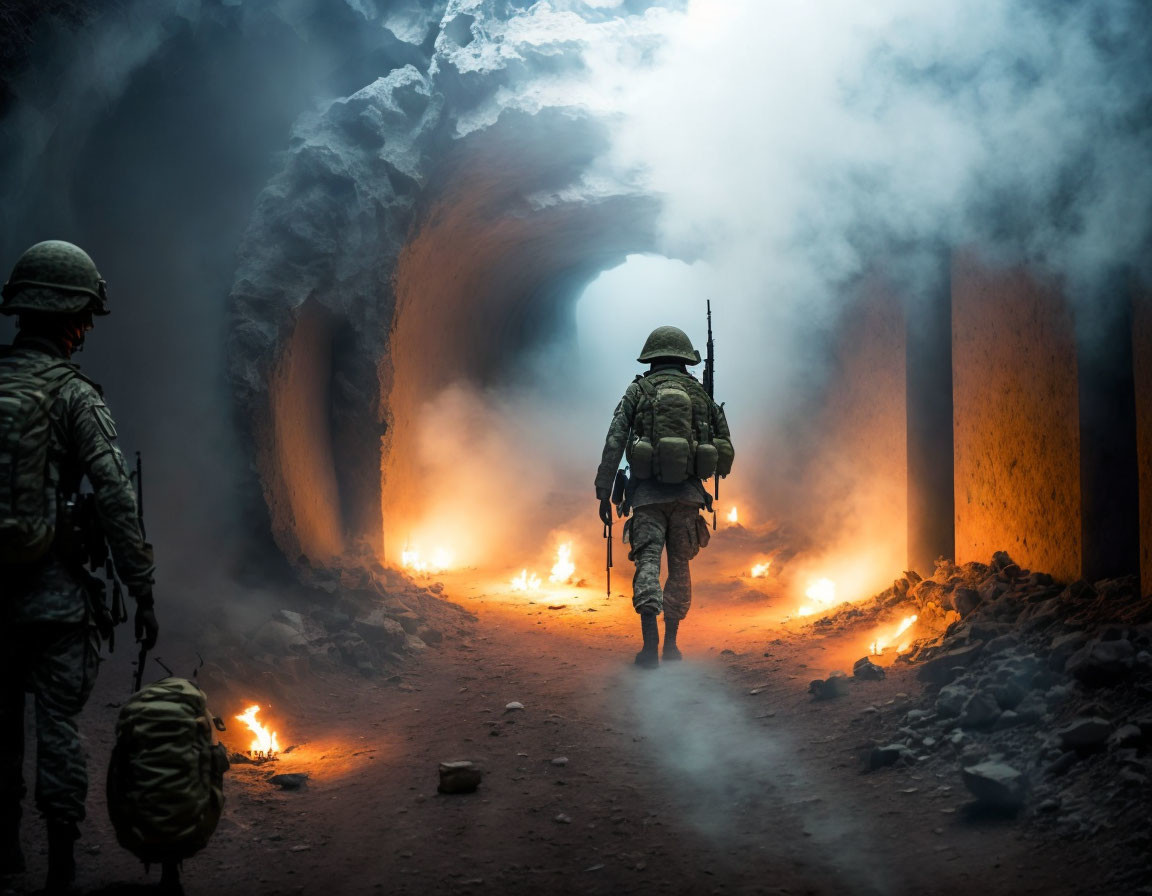 Soldiers walking in smoky tunnel with fires.