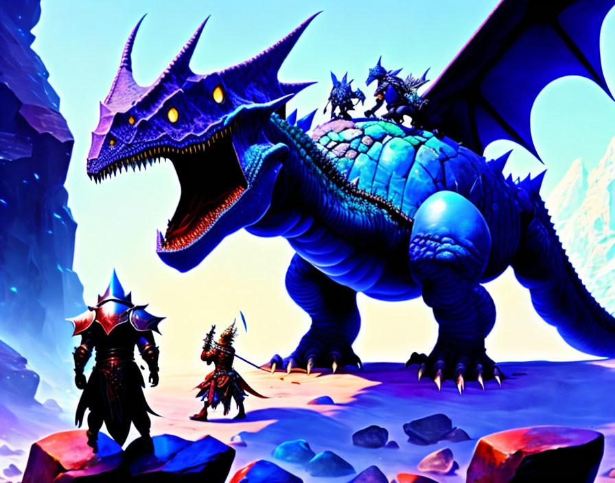 Armored knights and blue dragon in fantasy scene