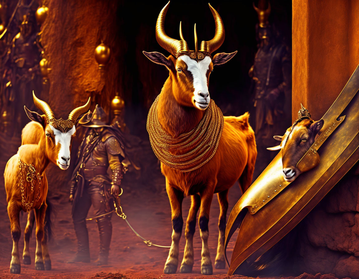 Fantasy illustration of adorned goats with a warrior in fiery cave setting